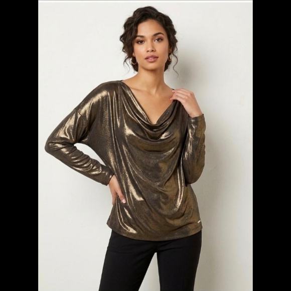 Anne Klein Tops - 🆕️ LISTING!! GOLD LAME METALLIC COWL NECK BLOUSE